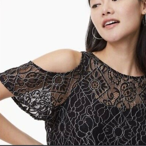 LOFT | Black Embellished Lace Cut Out Short Sleeve Blouse | Size XS - Picture 2 of 8